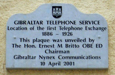 A plaque in City Mill Lane marking the site of Gibraltar's first telephone exchange.