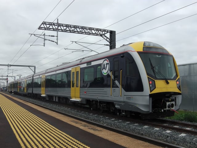 An electric train of Auckland's metro rail system.