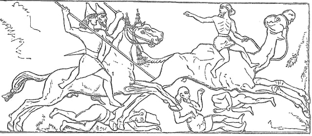 Assyrian horsemen pursue defeated Arabs