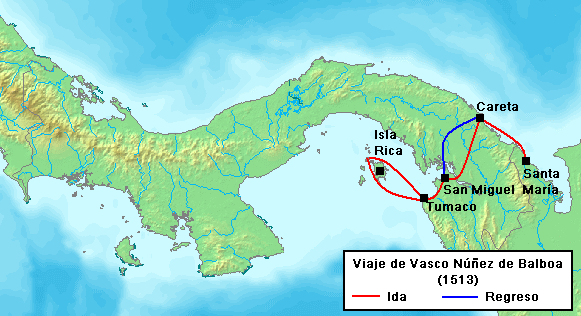Núñez de Balboa's travel route to the South Sea, 1513