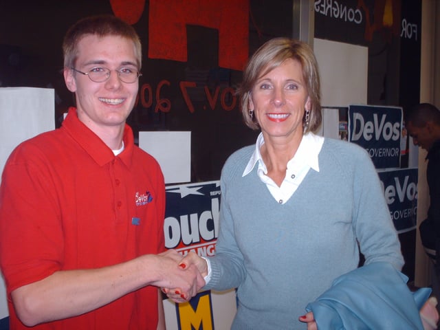 Dick DeVos' wife, Betsy, with a supporter at a campaign event in Houghton County.