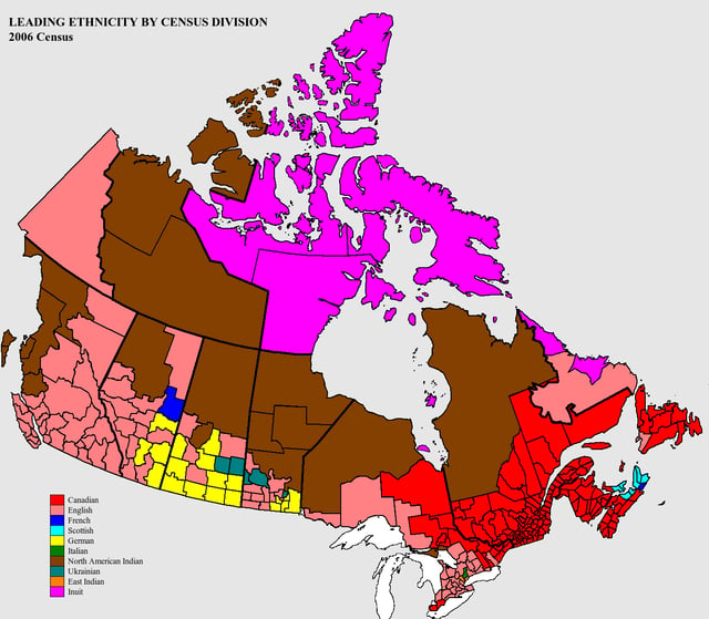 People who self-identify as having North American Indian ancestors are the plurality in large areas of Canada (areas coloured in brown).