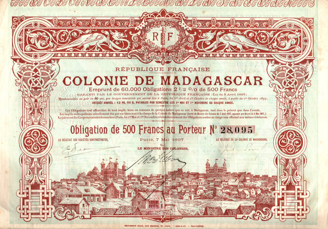 Bond of the French colony Madagascar, issued 7. May 1897