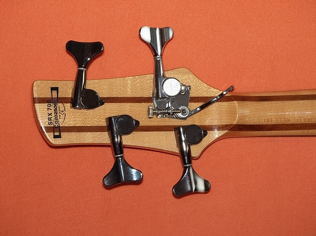 A bass guitar headstock with detuner set to D position