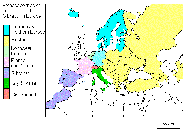 Map showing the Diocese of Gibraltar in Europe with the archdeaconries colour-coded