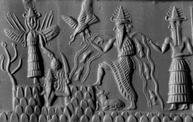 Akkadian cylinder seal from sometime around 2300 BC or thereabouts depicting the deities Inanna, Utu, Enki, and Isimud.