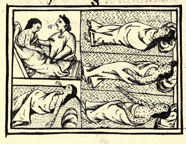 Nahua depiction of smallpox, Book XII on the conquest of Mexico in the Florentine Codex (1576)