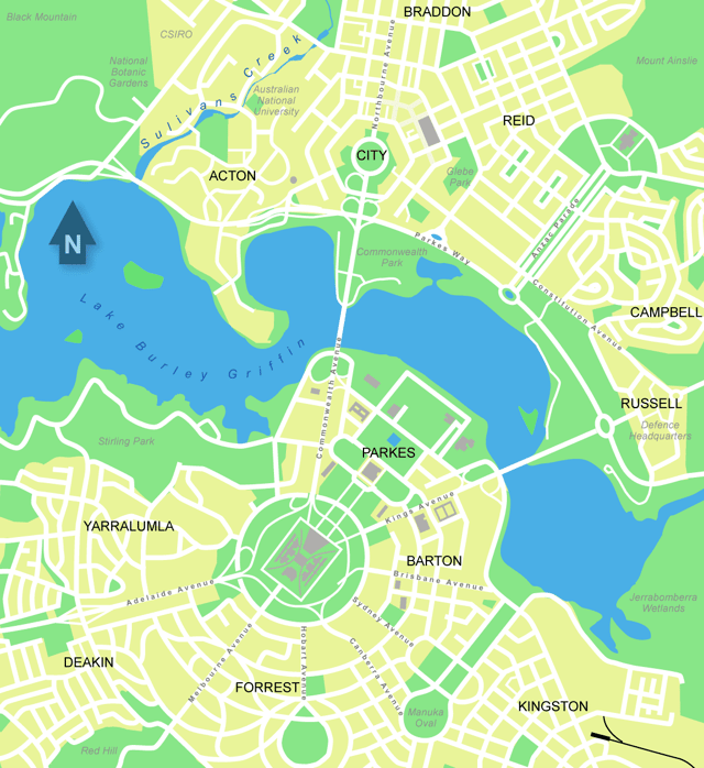 Inner Canberra demonstrates some aspects of the Griffin plan, in particular the Parliamentary Triangle.