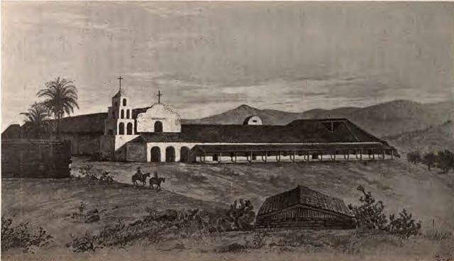 Mission San Diego de Alcalá drawn as it was in 1848. Established in 1769, it was the first of the California Missions.