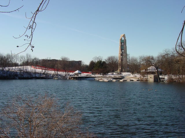 Riverwalk Quarry in Naperville. Moser Tower is in the right-center background and Rotary Hill (serving as a sled hill) is in the left background.