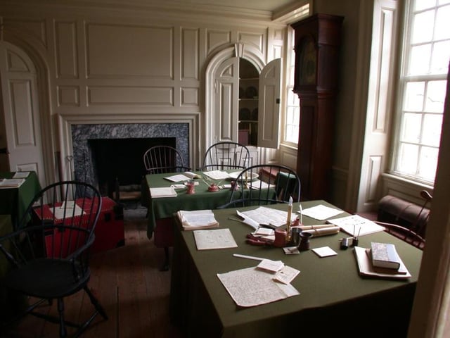 Aides-de-camp's office inside Washington's Headquarters at Valley Forge. General Washington's staff officers worked in this room writing and copying the letters and orders of the Continental Army.