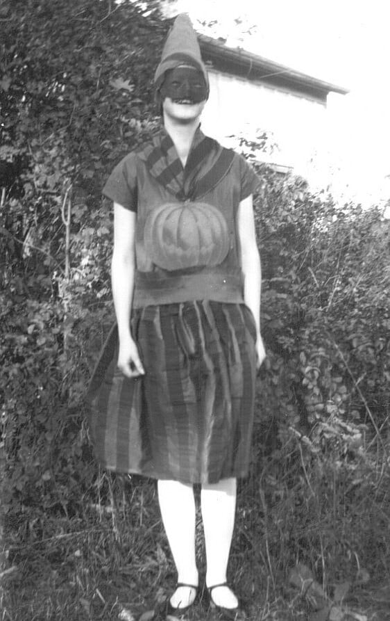Girl in a Halloween costume in 1928, Ontario, Canada, the same province where the Scottish Halloween custom of guising is first recorded in North America