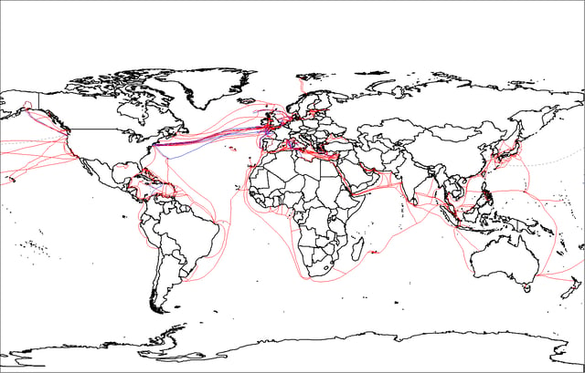 2007 map showing submarine optical fiber telecommunication cables around the world.
