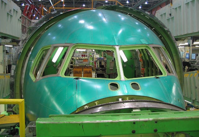 The nose assembly of a Boeing 767, also known as fuselage section 41