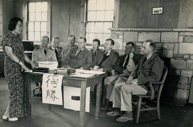 Yang Lingfu, former curator of the National Museum of China, giving Chinese language instruction at the Civil Affairs Staging Area in 1945.