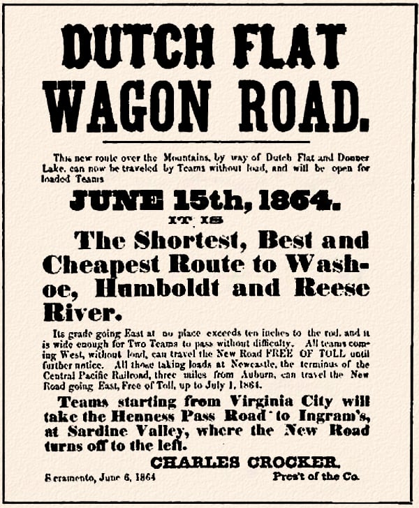 1864 advertisement for the opening of the Dutch Flat Wagon Road