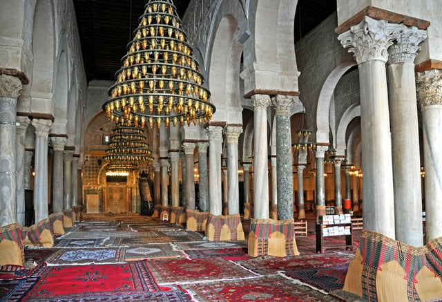 The hypostyle prayer hall in the Great Mosque of Kairouan, Tunisia