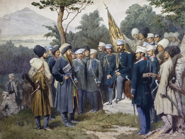 Imam Shamil of Chechnya and Dagestan surrendering to Russian general Baryatinsky in 1859; painting by Aleksey Kivshenko