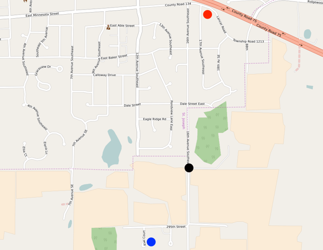 Red circle: Convenience storeBlack circle: Kidnapping locationBlue circle: Jacob Wetterling's home