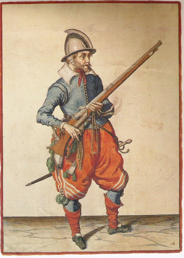 Page showing a musketeer (Plate 4) from Jacob van Gheyn's Wapenhandelingen van Roers, Musquetten ende Spiesen (1608)