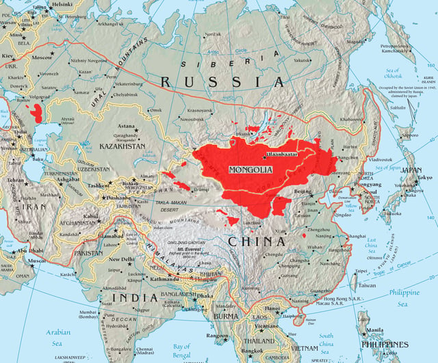 This map shows the boundary of the 13th-century Mongol Empire compared to today's Mongols. The red area shows where the majority of Mongolian speakers reside today.