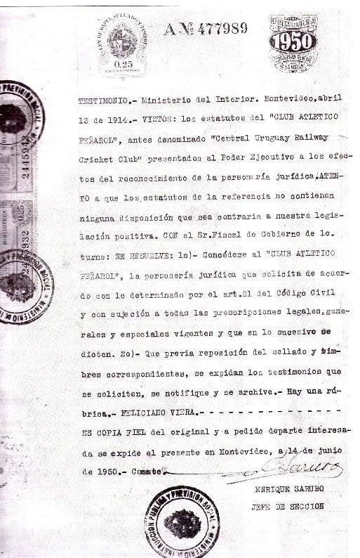 Uruguayan document acknowledging Peñarol as successor of the CURCC