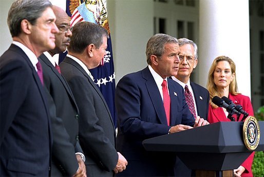 Mueller with President George Bush and Attorney General John Ashcroft, August 6, 2002