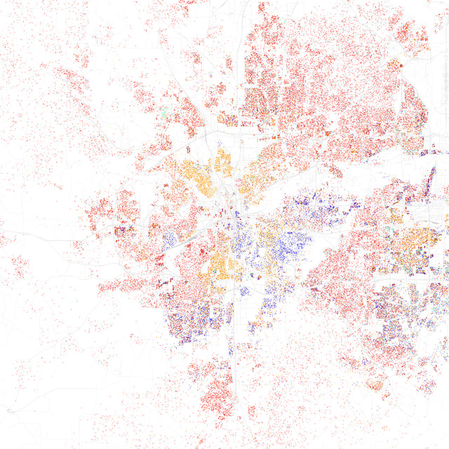 Map of racial distribution in Fort Worth, 2010 U.S. Census. Each dot is 25 people: White, Black, Asian Hispanic, or Other (yellow)