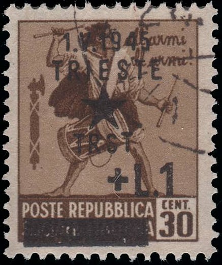 A postage stamp issued by the Italian Social Republic with a Yugoslav occupation overprint