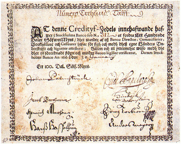 The first paper money in Europe, issued by the Stockholms Banco in 1666.