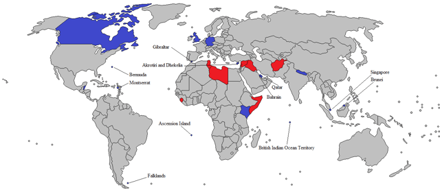 Overseas military installations of the United Kingdom, and locally raised units of British Overseas Territories.   Military interventions since 2000: Palliser (Sierra Leone); Herrick (Afghanistan); Enduring Freedom (Horn of Africa); Telic (Iraq); Ellamy (Libya); and Shader (Islamic State of Iraq and the Levant).