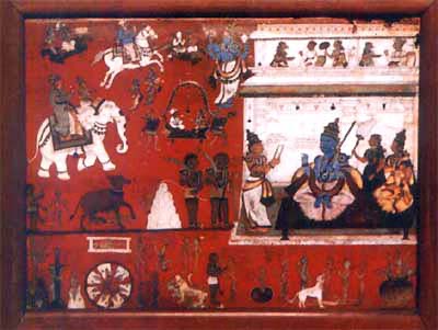 Yama's Court and Hell. The Blue figure is Yamaraja (The Hindu god of death) with his consort Yami and Chitragupta  17th-century painting from Government Museum, Chennai.