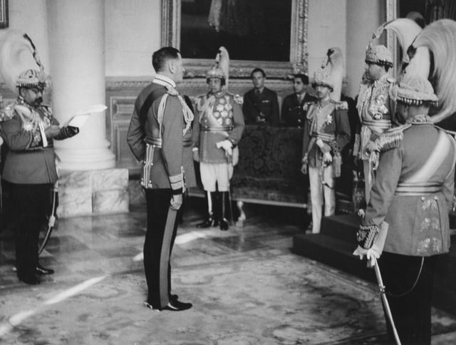 King Tribhuvan giving an audience to British general Claude Auchinleck at the royal palace in Kathmandu, 1945