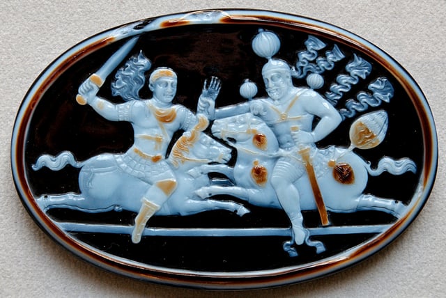 A fine cameo showing an equestrian combat of Shapur I and Roman emperor Valerian in which the Roman emperor is seized following the Battle of Edessa, according to Shapur's own statement, "with our own hand", in 260