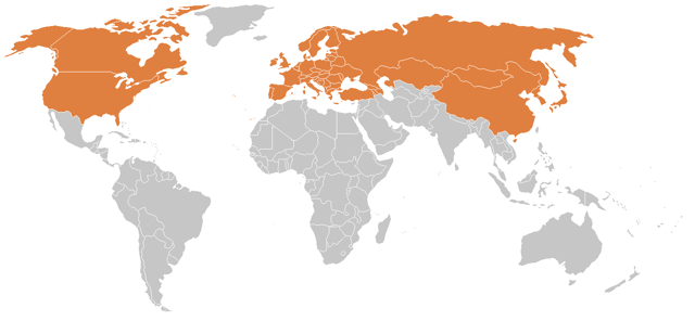 Countries with reported Lyme disease cases.