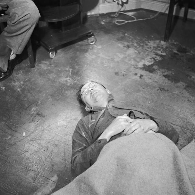 Himmler's corpse after his suicide by cyanide poisoning, May 1945