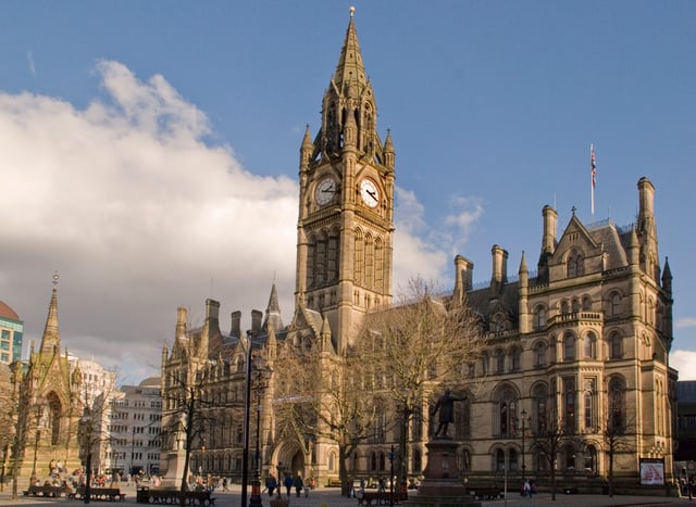 Manchester Town Hall in Albert Square, seat of local government, is an example of Victorian era Gothic revival architecture.