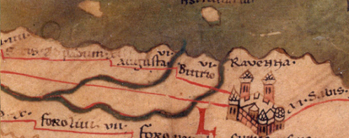 The city of Ravenna, Western Roman capital, on the Tabula Peutingeriana, a 13th-century medieval map possibly copied from a 4th- or 5th-century Roman original