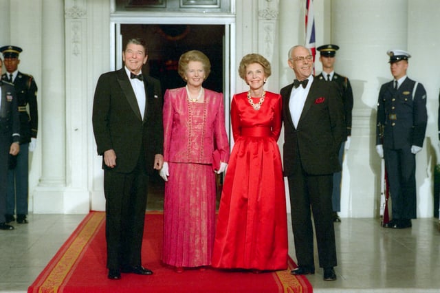 Margaret Thatcher (second left), Ronald Reagan (far left) and their respective spouses in 1988. Thatcher and Reagan developed a close relationship against the Soviet Union.