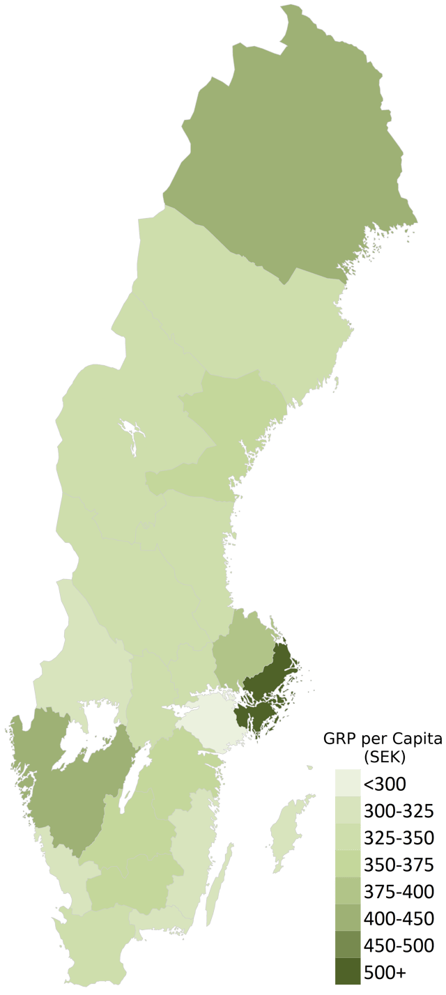 Gross Regional Product (GRP) per capita in thousands of kronor (2014)