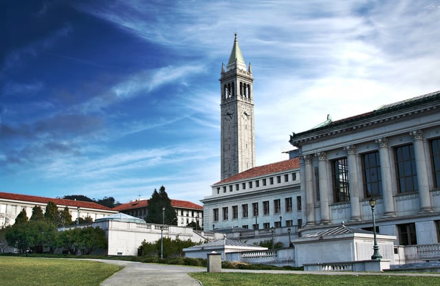 The Memorial Glade of Sather Tower in the University of California, Berkeley campus. Berkeley is the highest-ranked public university in the United States, according to US News & World Report.