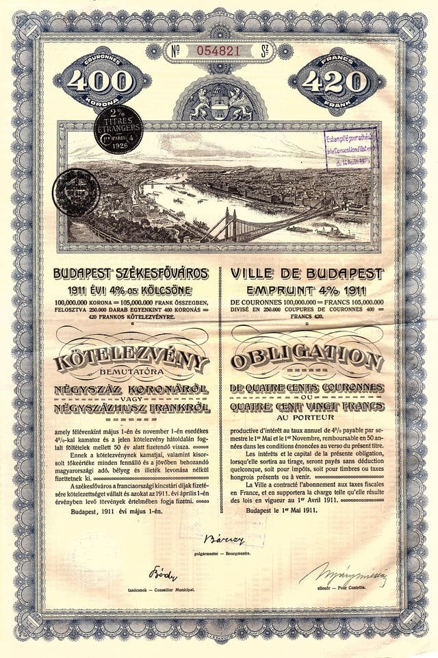 Bond of the City of Budapest, issued 1. Mai 1911