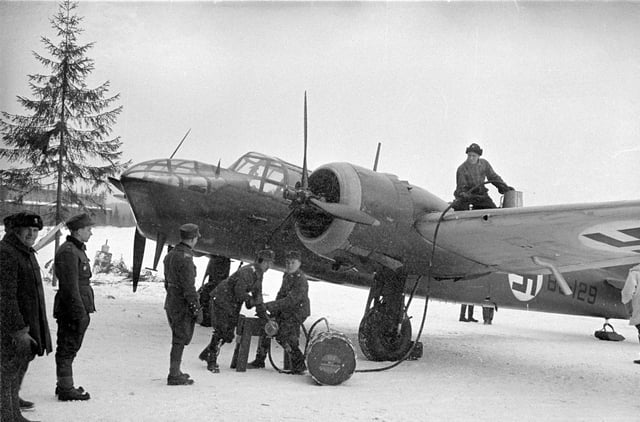 March 1940, a Finnish Bristol Blenheim Mk. IV bomber of the No. 44 Squadron refuelling at its air base on a frozen lake in Tikkakoski