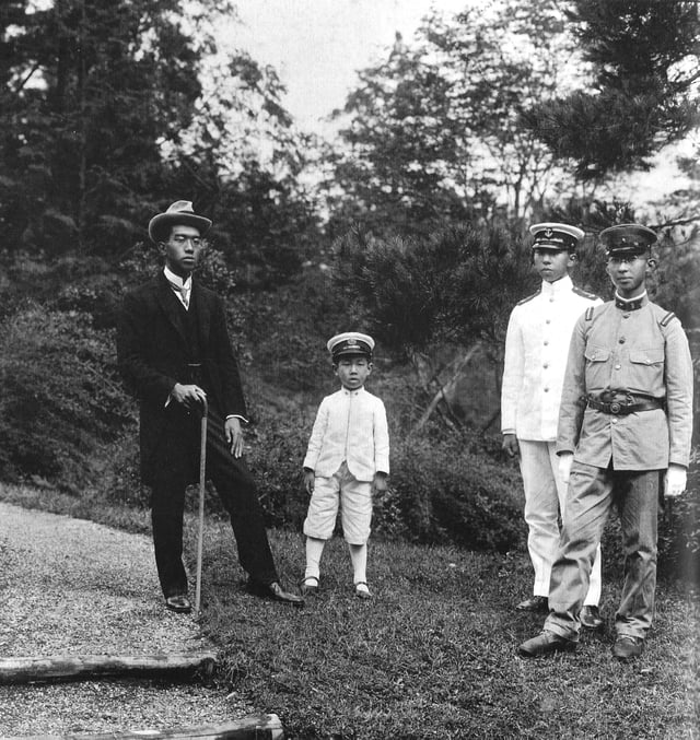 Emperor Taishō's four sons in 1921: Hirohito, Takahito, Nobuhito and Yasuhito