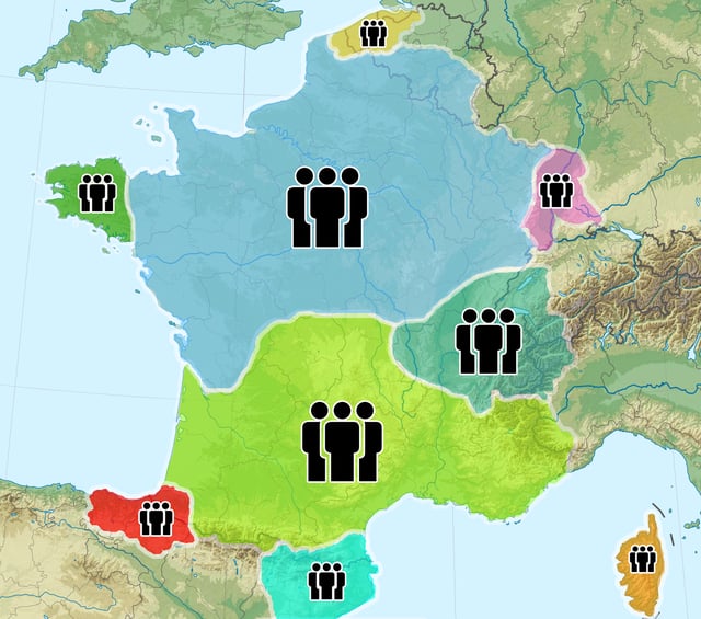 A map showing the (historical) linguistic groups in Metropolitan France: Alemannic Germans Arpitan speakers Basques Bretons Catalans Corsicans Flemings Occitan speakers Langues d'oil speakers