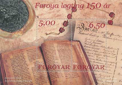 Old documents depicted on a miniature sheet of 2002 - celebrating 150 years of re-establishing the Løgting.