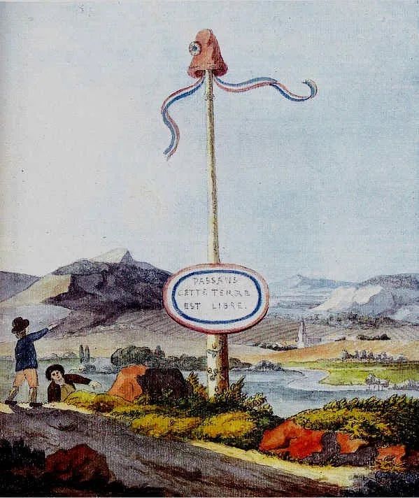 A Goethe watercolour depicting a liberty pole at the border to the short-lived Republic of Mainz, created under influence of the French Revolution and destroyed in the Siege of Mainz in which Goethe participated