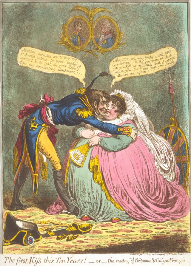 James Gillray ridicules the short peace that followed the Treaty of Amiens in 1802. His caricatures ridiculing Napoleon greatly annoyed the Frenchman, who wanted them suppressed by the British government.