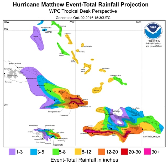 A map of forecast rainfall totals from Hurricane Matthew for the Greater Antilles and the Bahamas. Peak accumulations in excess of 30 in (760 mm) were expected along the southern coast of Haiti's Tiburon Peninsula.