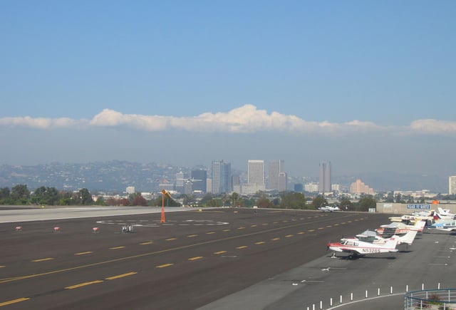 Landing craft at Santa Monica Airport. Looking east towards Century City